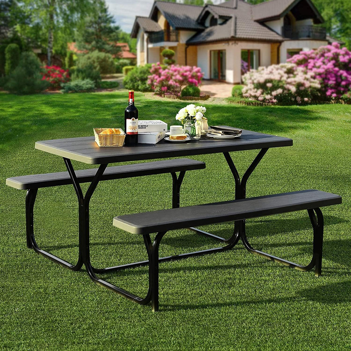 All Weather Metal Base Picnic Table Bench Set H3298