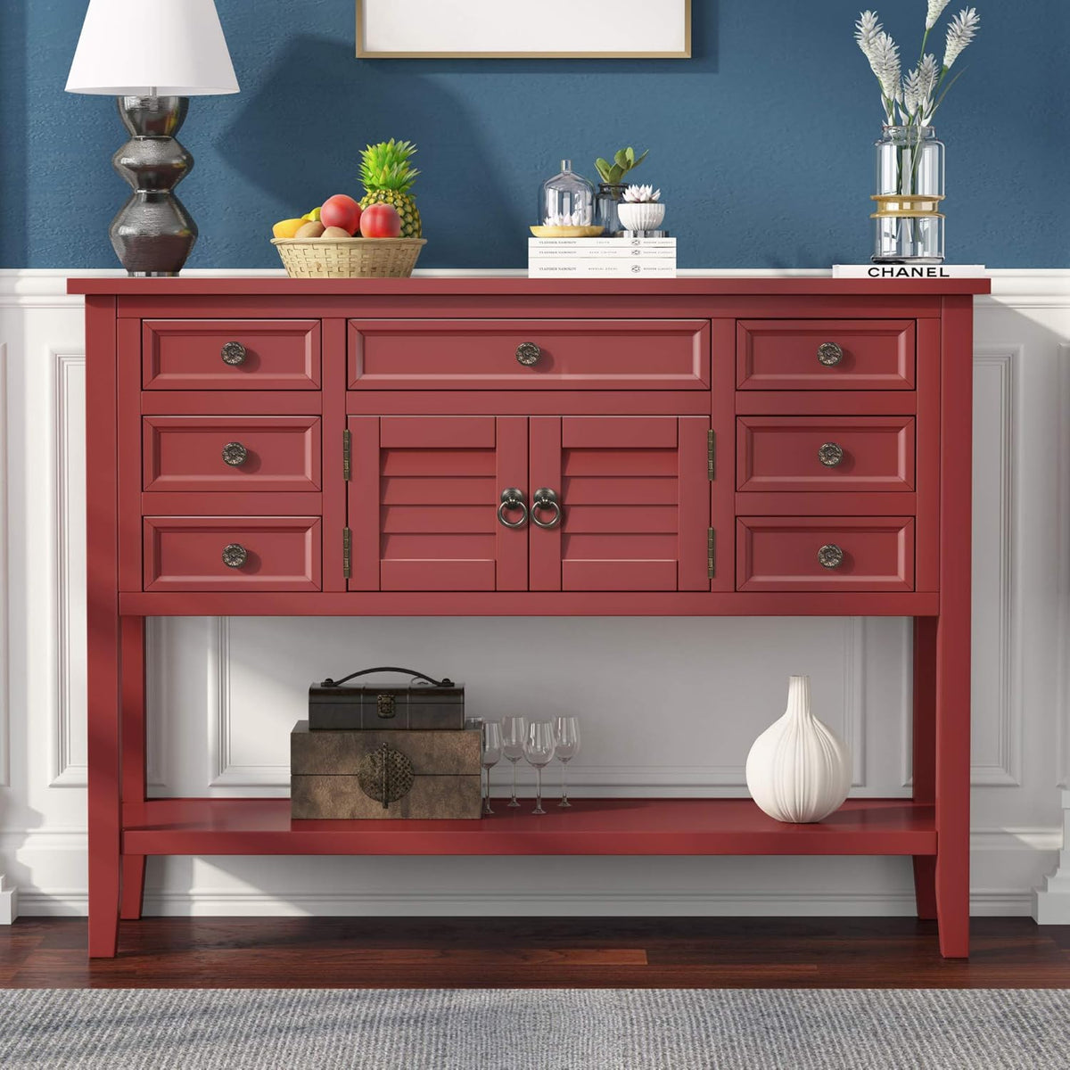 Solid Wood Console Table with 7 Drawers, 1 Cabinet and 1 Shelf F17812