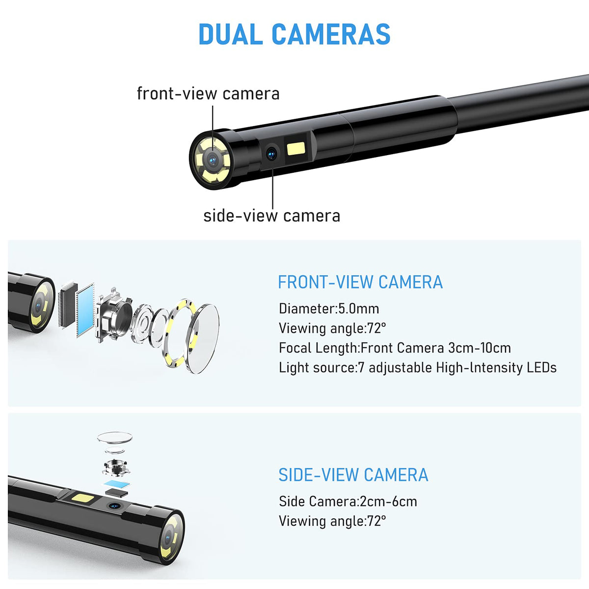 Triple Lens Industrial Endoscope Camera with 4.3'' IPS Screen 1080P HD Waterproof H8925