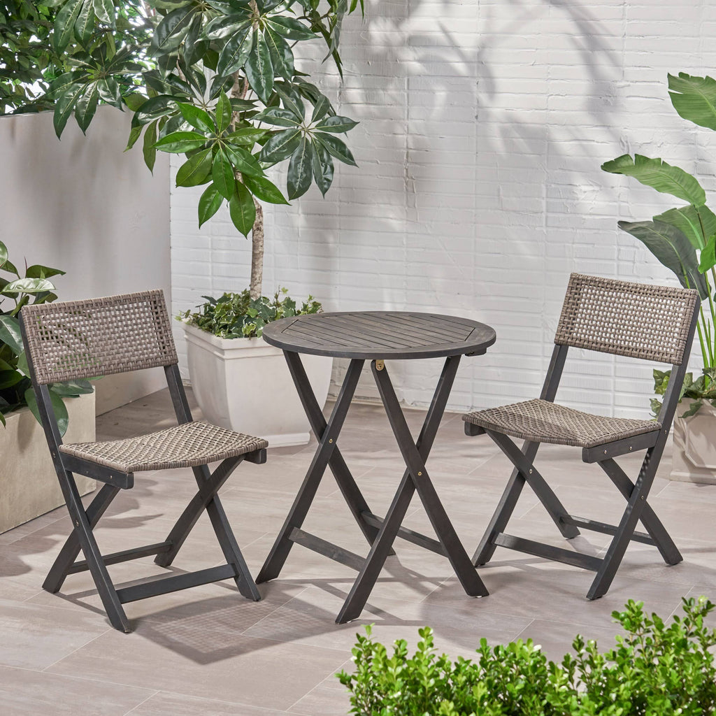 Acacia Wood Wicker Foldable Bistro Set with Chairs and Table Dark Gray T52378