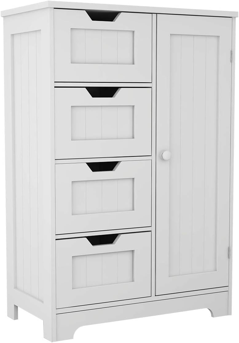 White Freestanding Bathroom Storage Cabinet with 4 Drawers and 1 Door U85601