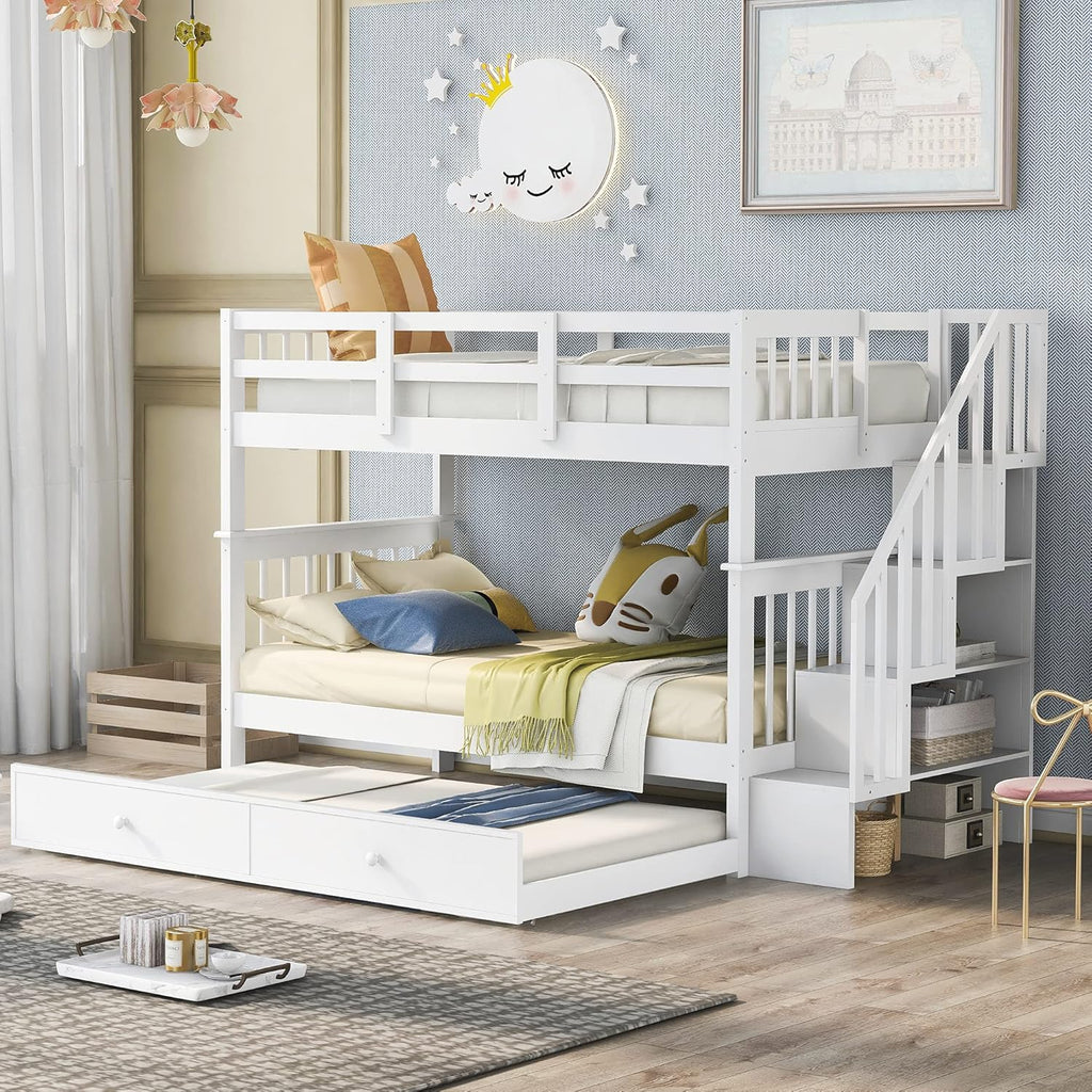 Solid Wood Twin-Over-Twin Bunk Bed with Trundle, 3 Storage Drawers, Staircase and Guard Rail L7566