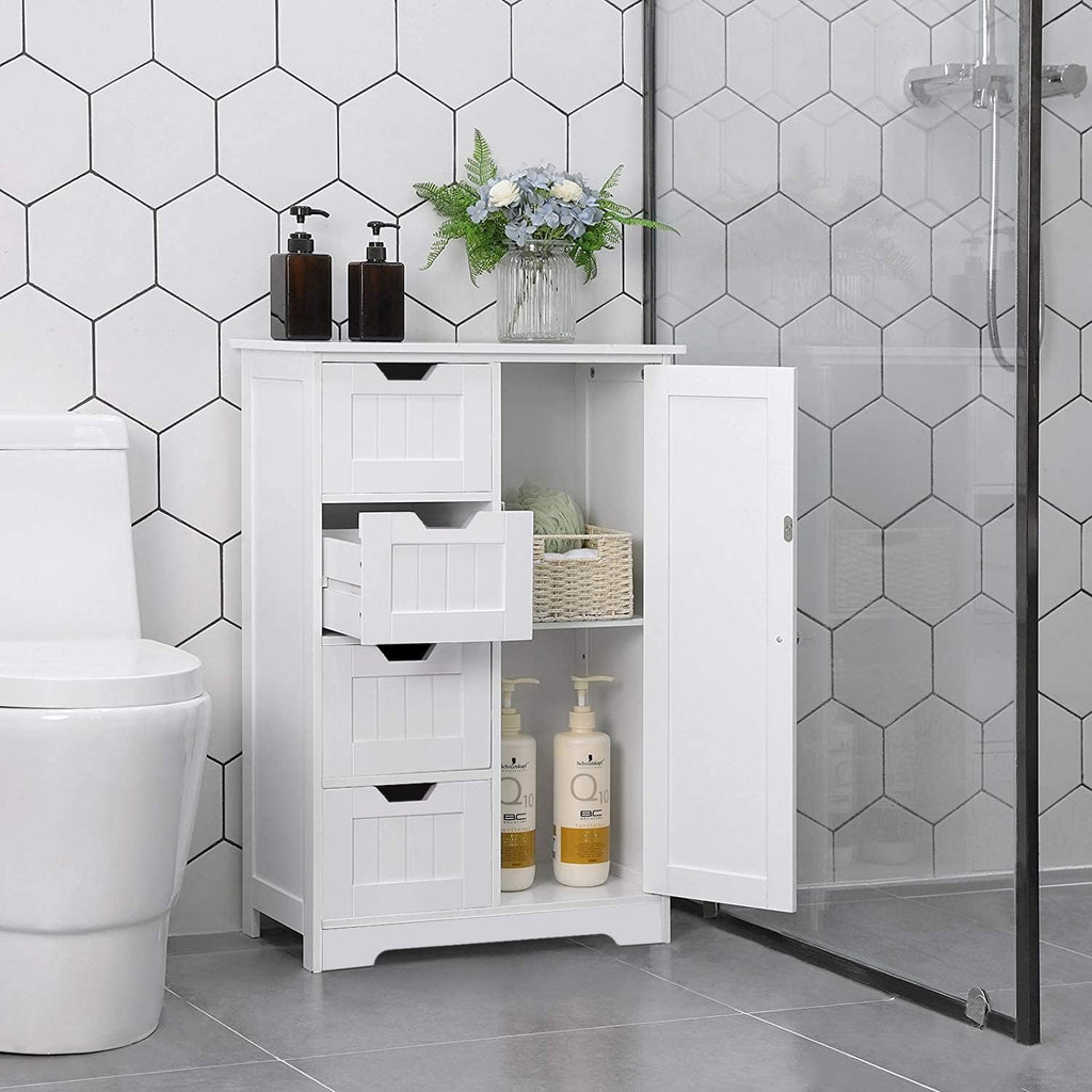 White Freestanding Bathroom Storage Cabinet with 4 Drawers and 1 Door U85601