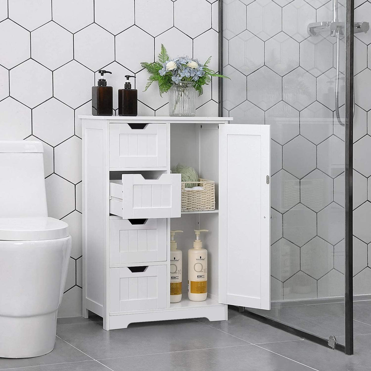 White Freestanding Bathroom Storage Cabinet with 4 Drawers and 1 Door U85601