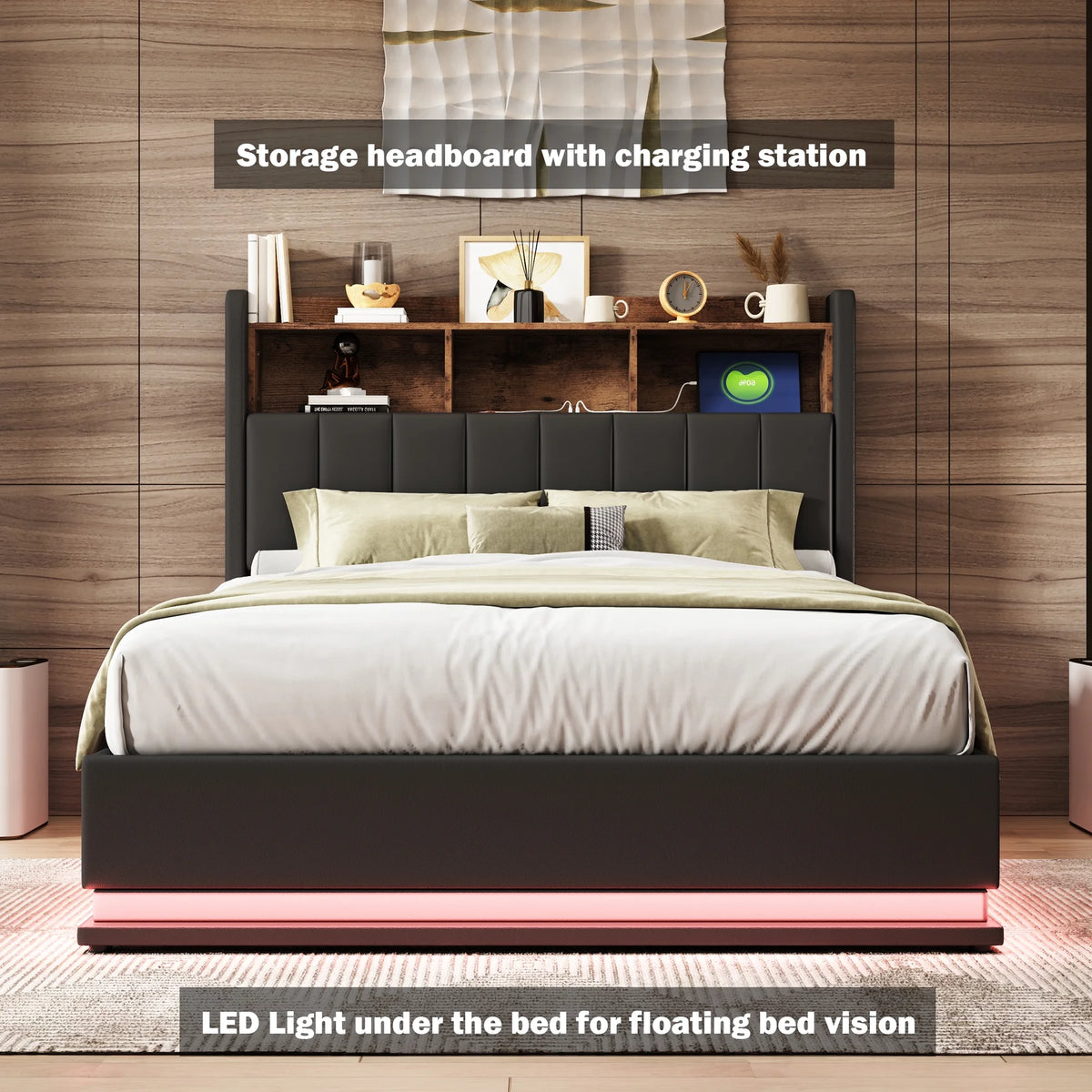 Black Full Size PU Upholstered Platform Bed with Storage Headboard R3331