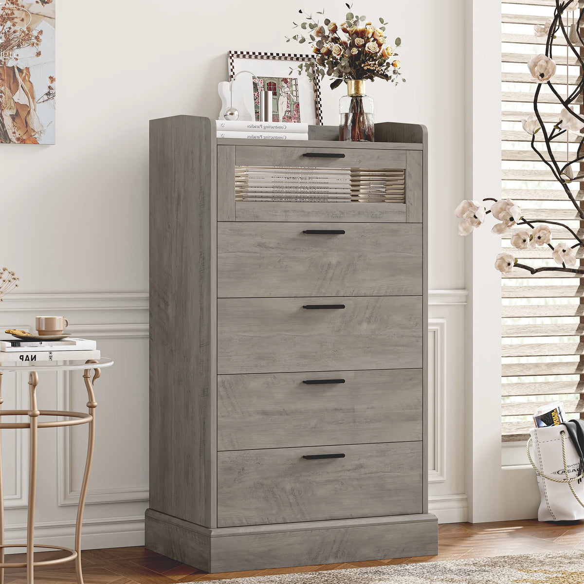 White 5 Drawer Glass Panel Wood Dresser P81540