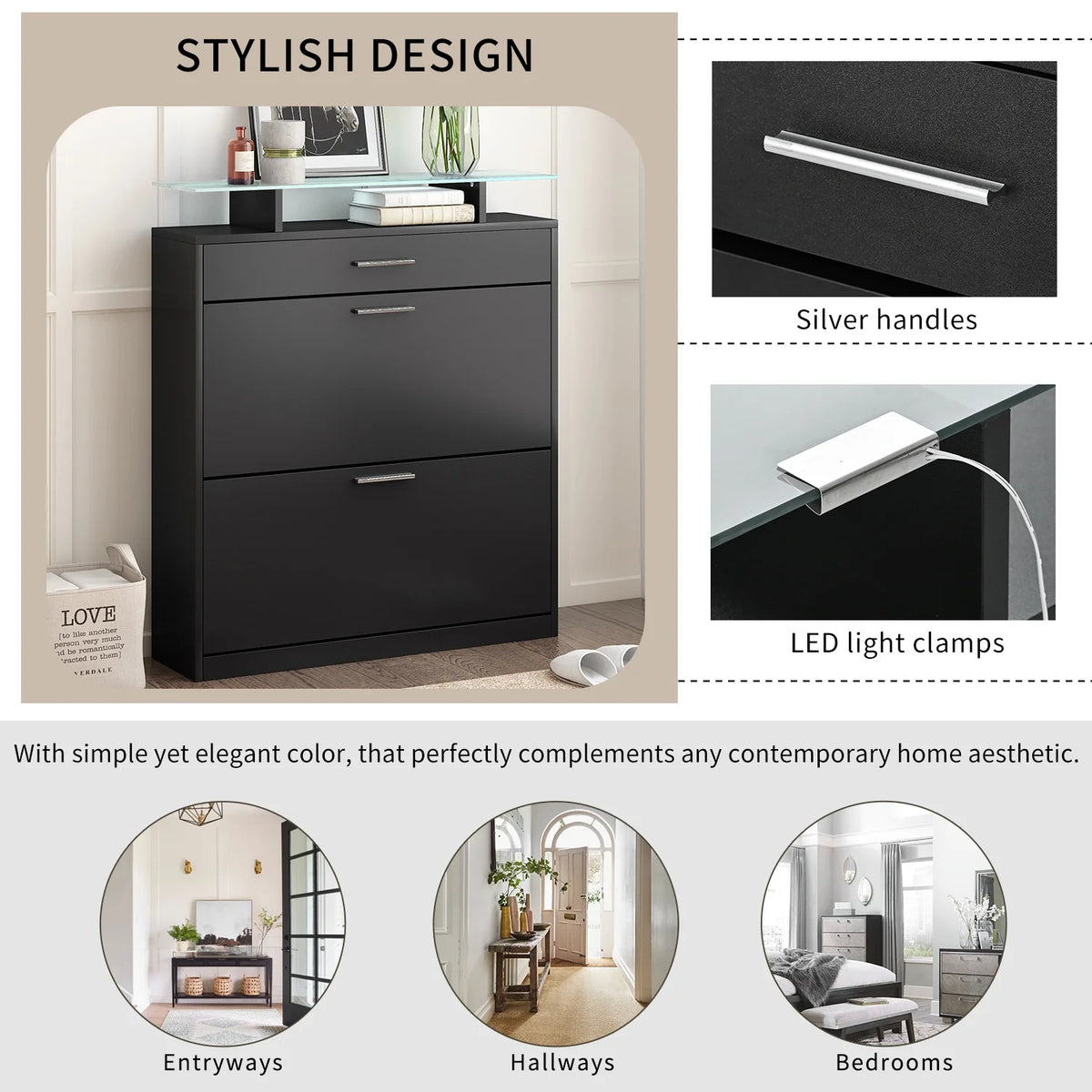 Black Slim Entryway Organizer with 2 Flip Drawers N8701