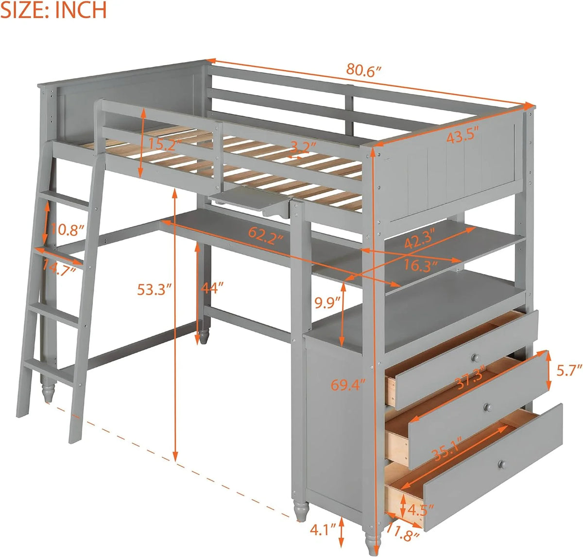 Solid Wood Bed Frame with Desk 3 Drawers and Shelves L6994