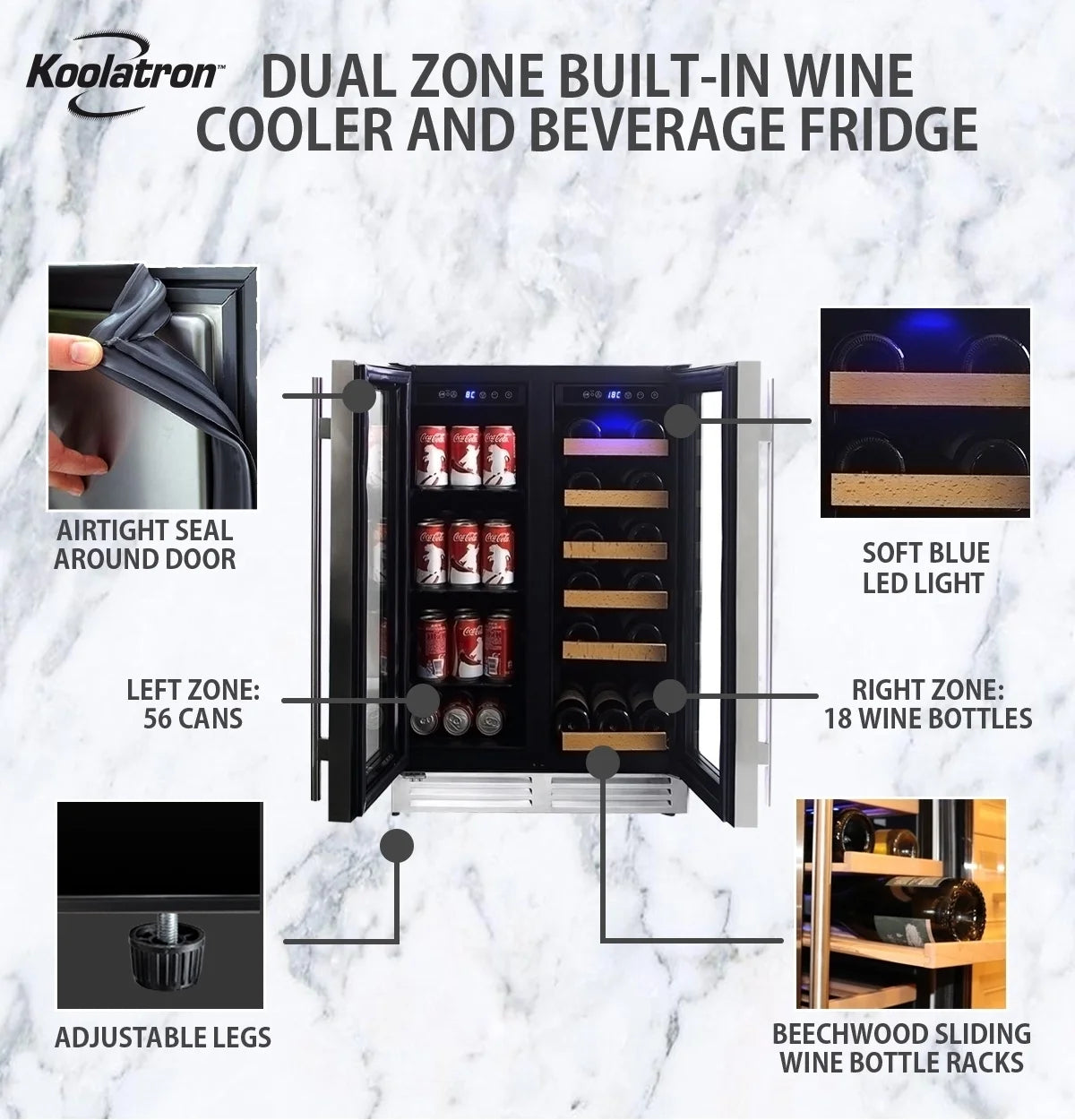 18 Bottles and 56 Cans 24 Inch Dual Zone Wine Cooler and Beverage Fridge S7116