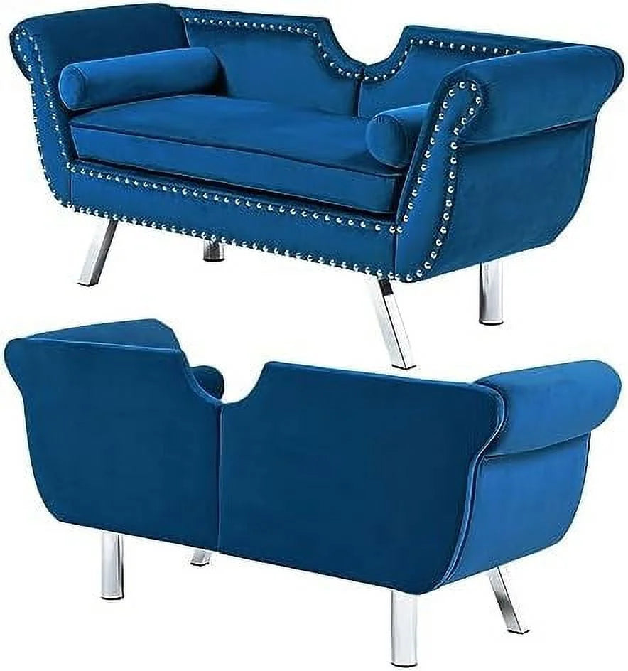 Velvet Ottoman Bench with Back and Silver Metal Legs I671