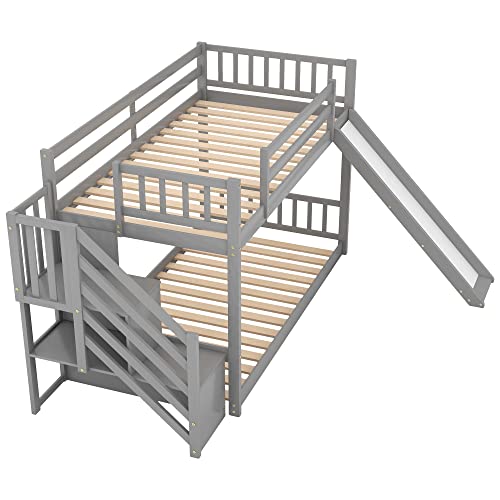 Twin Over Twin Wood Bunk Bed with Slide and Storage Drawers N2297