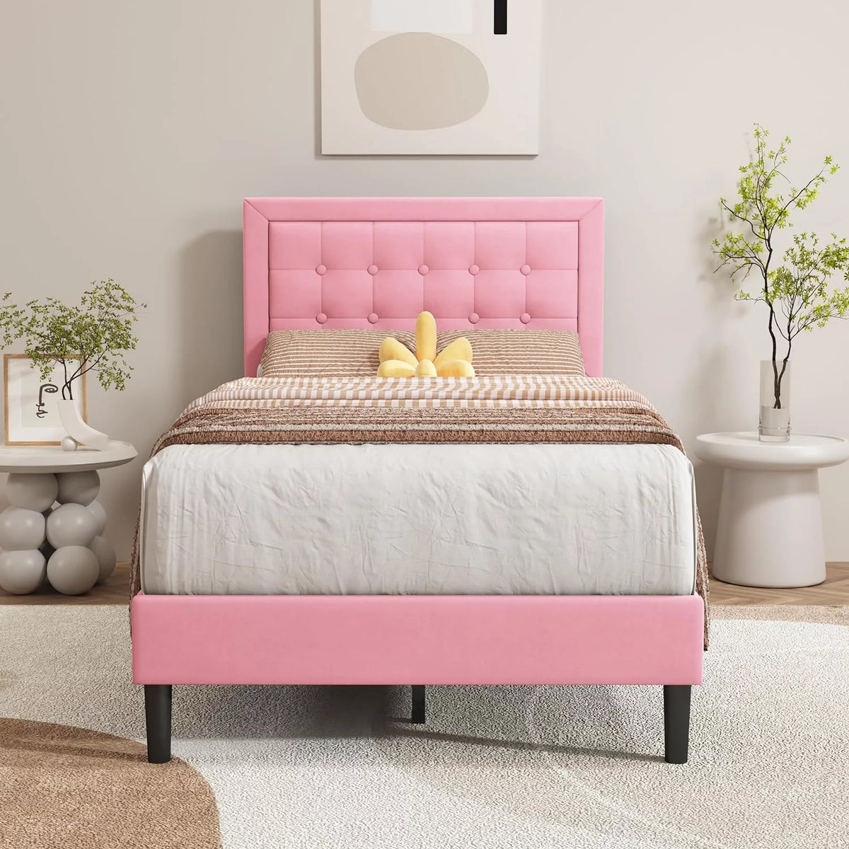 Pink Velvet Upholstered Platform Bed Frame Twin Size Q176