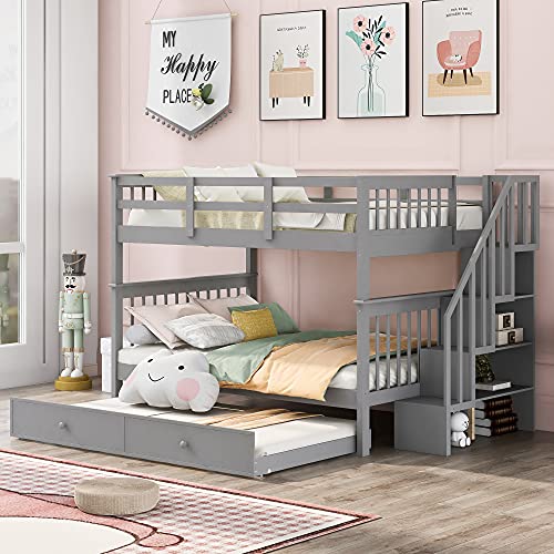 Twin Over Twin Wood Bunk Bed with Slide and Storage Drawers N2297