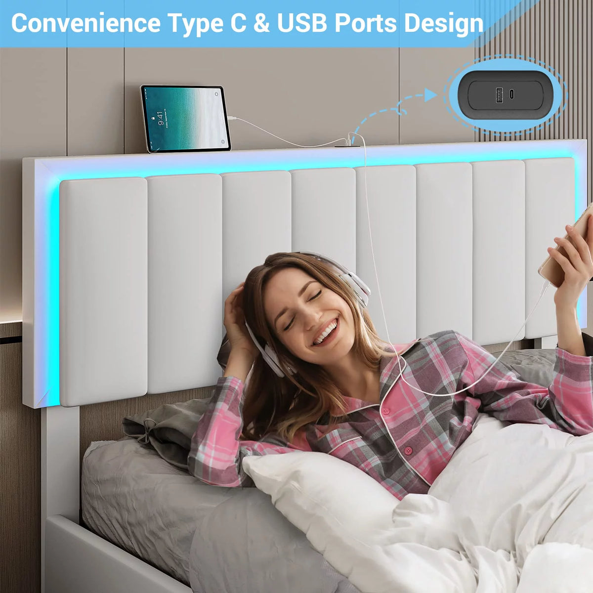Queen LED Bed Frame with 4 Storage Drawers and USB Ports White J67593