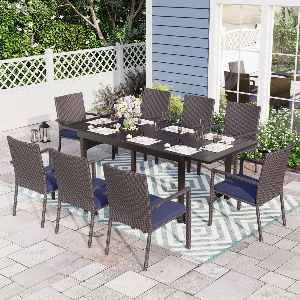 9-Piece Wicker Rattan and Steel Patio Dining Set X416196