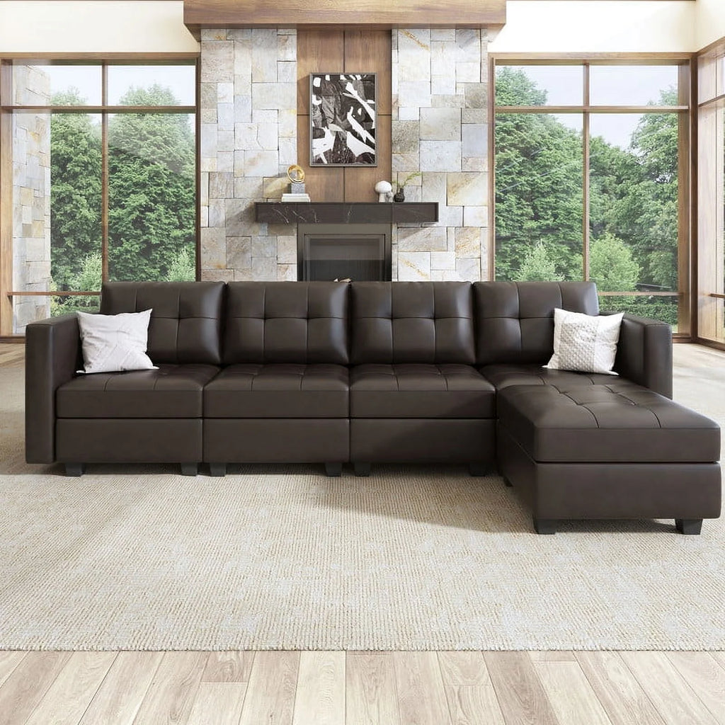 Brown Faux Leather L-Shaped Sectional Sofa with Storage M128119