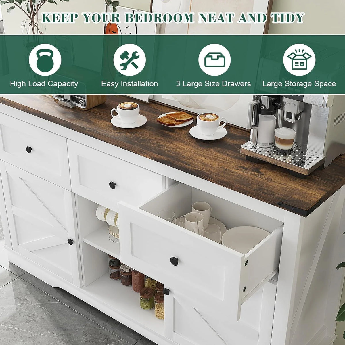 White TV Stand with 3 Drawers and Shelves W9324