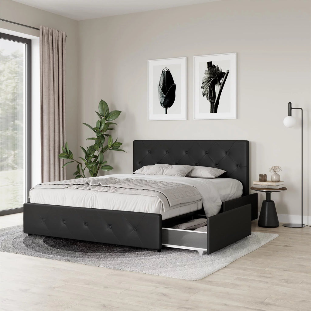 Black Faux Leather Queen Upholstered Storage Bed W69905
