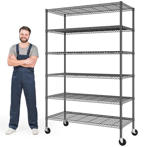 82" H X45 W X18 D 6 Tier Adjustable Metal Shelving with Wheels, Black U7062