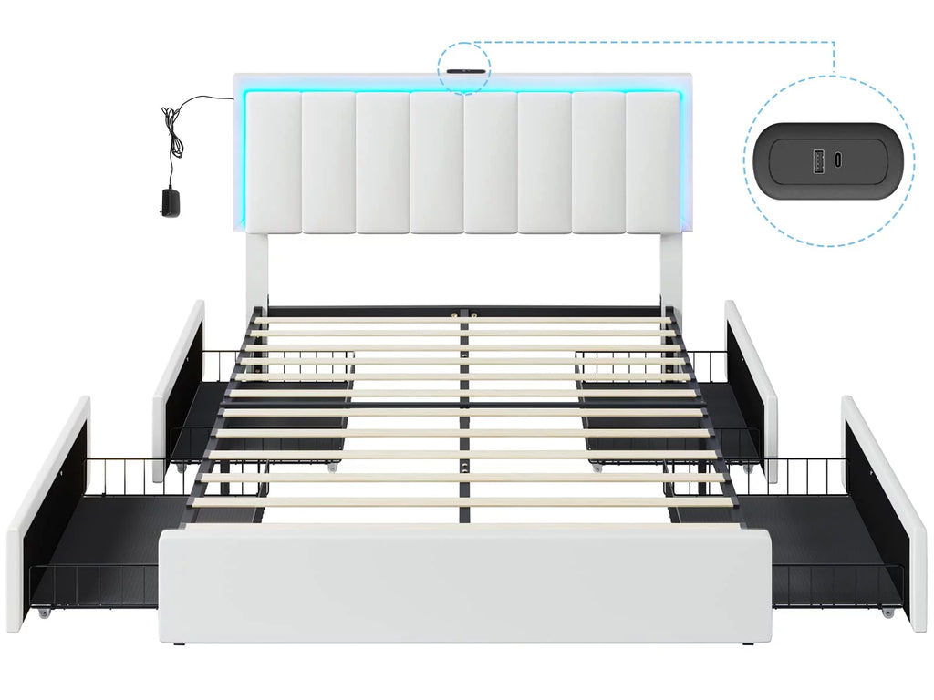 Queen LED Bed Frame with 4 Storage Drawers and USB Ports White J67593