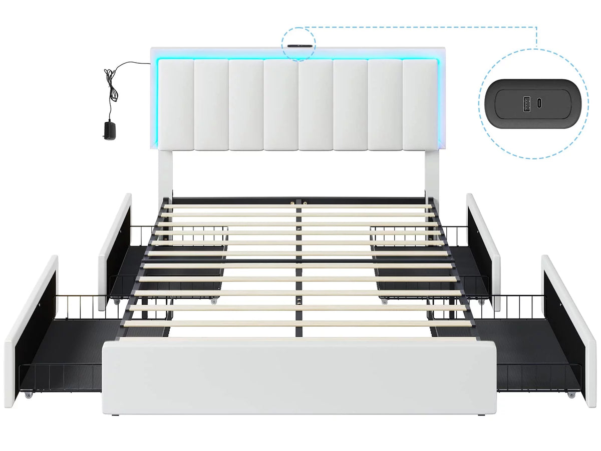 Queen LED Bed Frame with 4 Storage Drawers and USB Ports White J67593