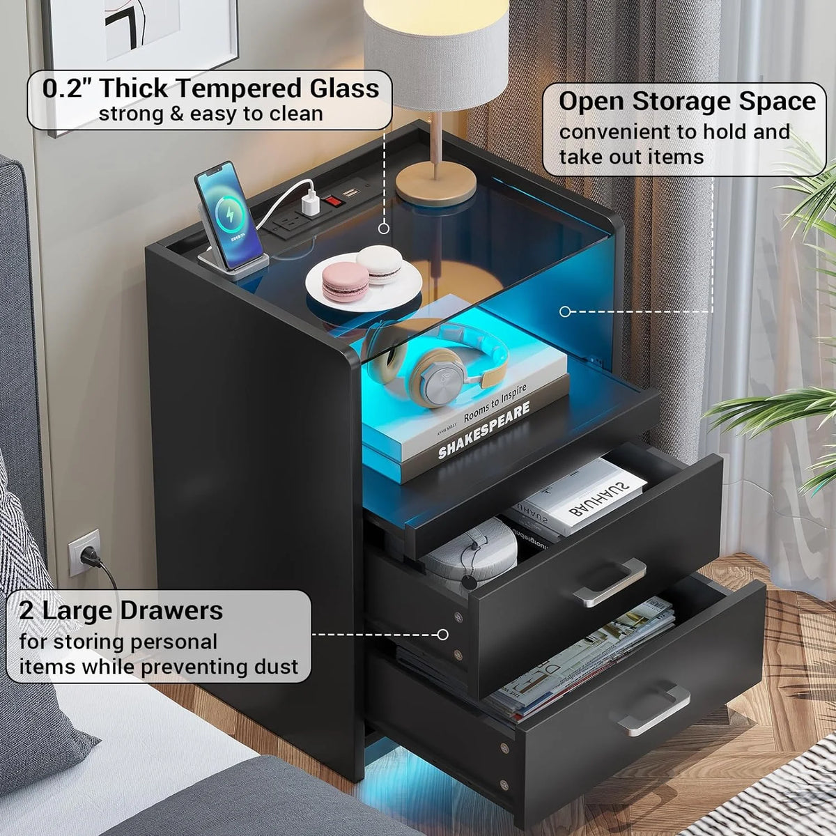 Black LED Nightstand with Charging Station, 2 Drawers P916