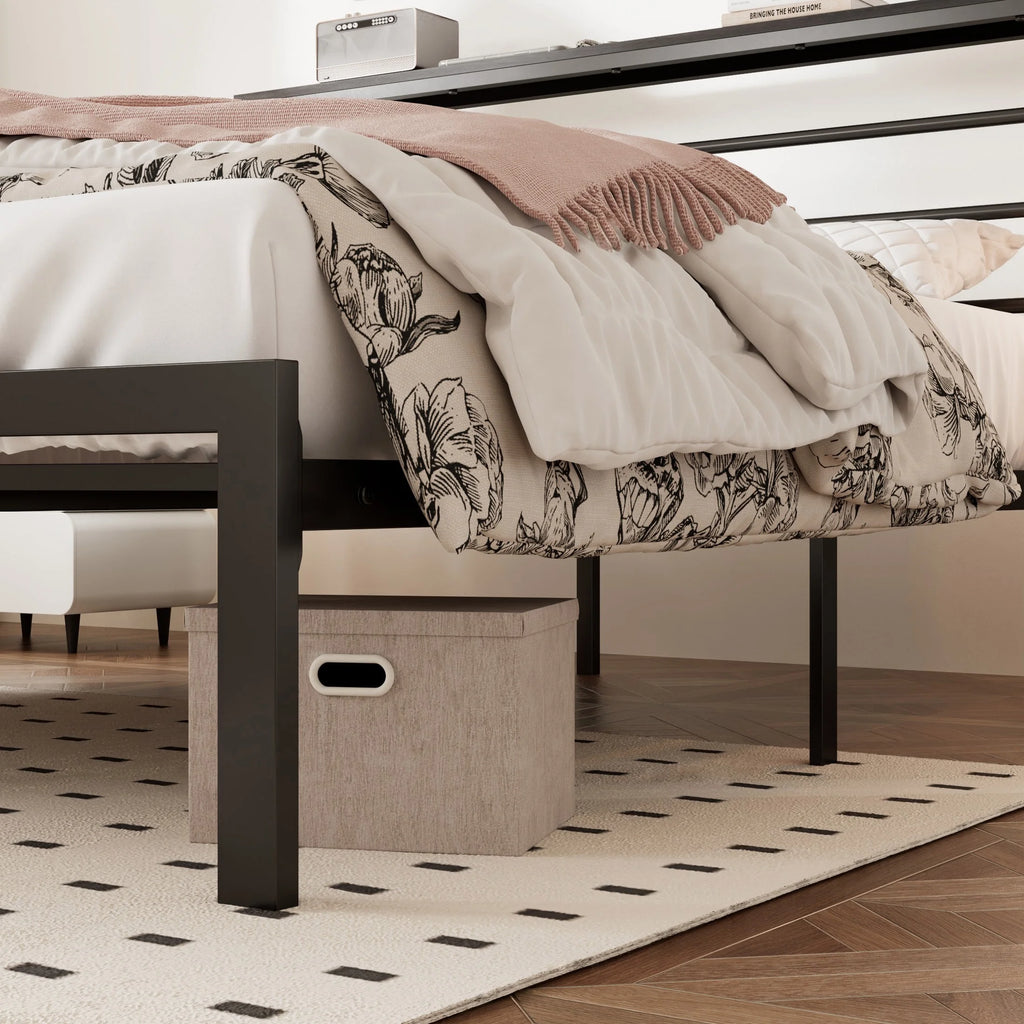 Queen Size Metal Platform Bed Frame with Shelf Headboard D286