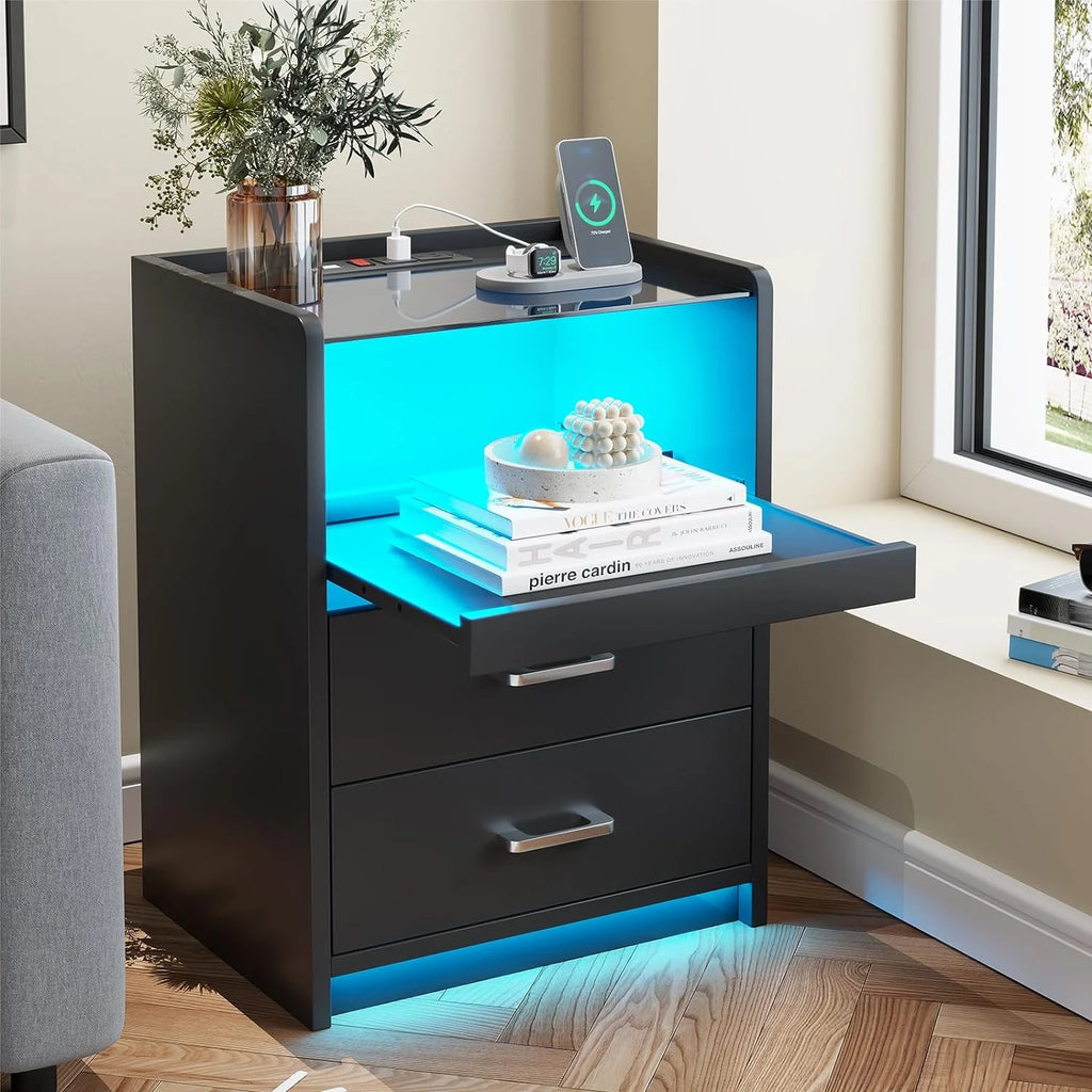 Black LED Nightstand with Charging Station, 2 Drawers P916