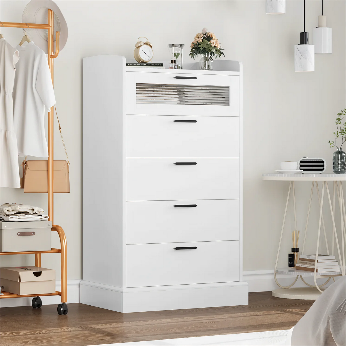 White 5 Drawer Glass Panel Wood Dresser P81540