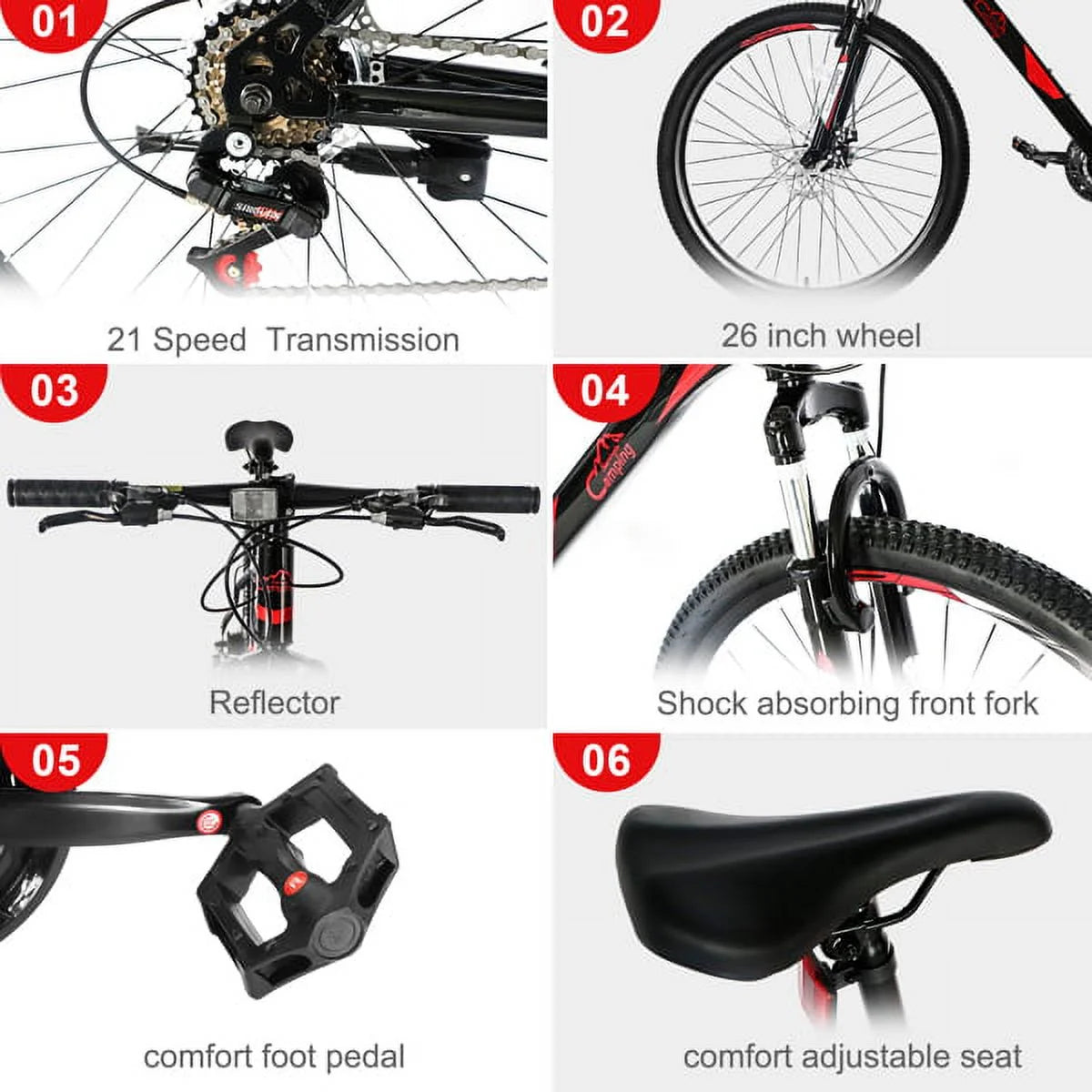 26 Inch 21 Speed Red Black Mountain Bike U327