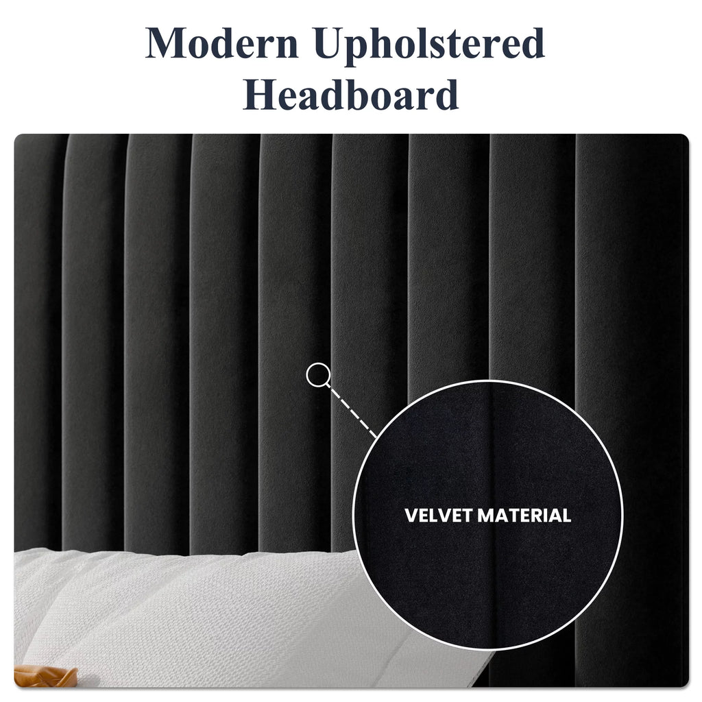 Queen Size Black Velvet Upholstered Platform Bed Frame Y905538
