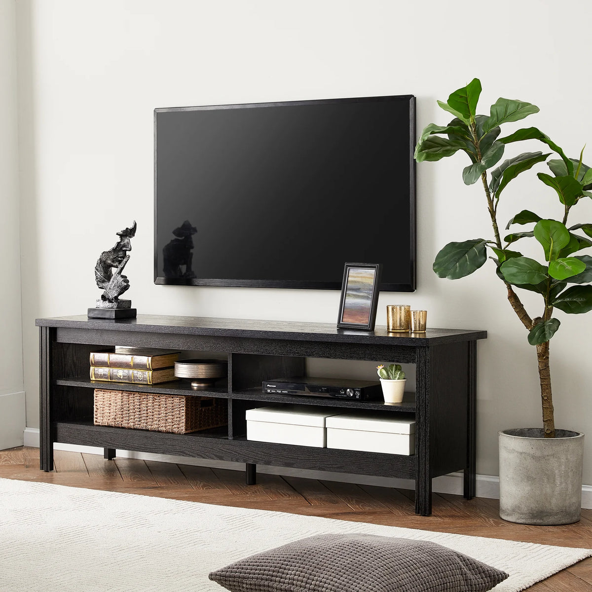 Black Wood TV Stand with 4 Cubby D25407