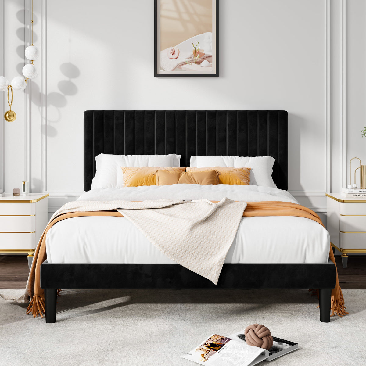 Queen Size Black Velvet Upholstered Platform Bed Frame Y905538
