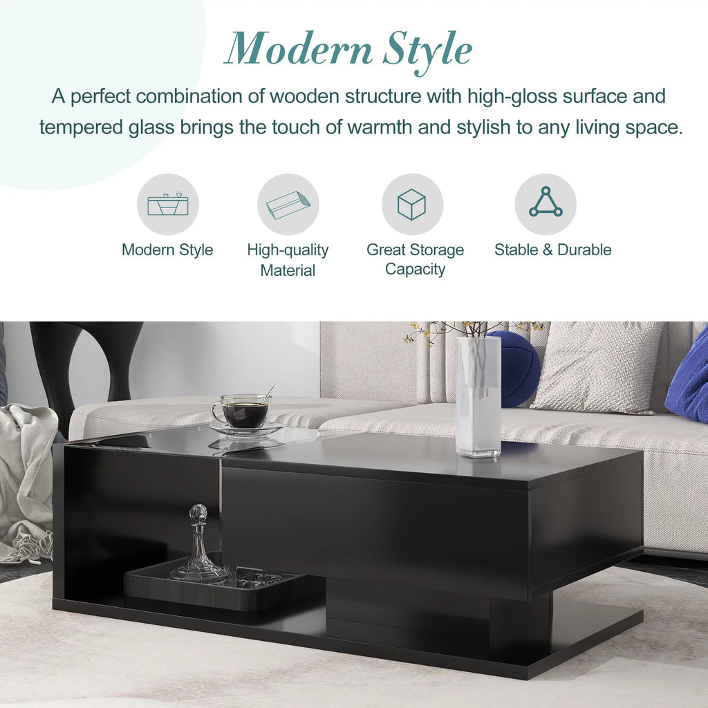 39.3" Black 2-Tier Coffee Table with Tempered Glass A942925