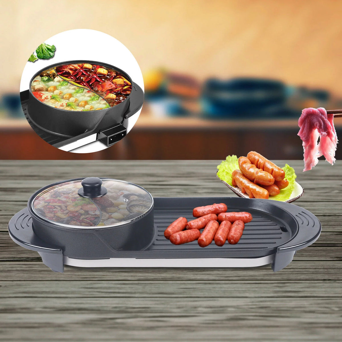 Electric Hot Pot Teppanyaki Non-Stick Barbecue Pan Grill 26.77in Black T19631