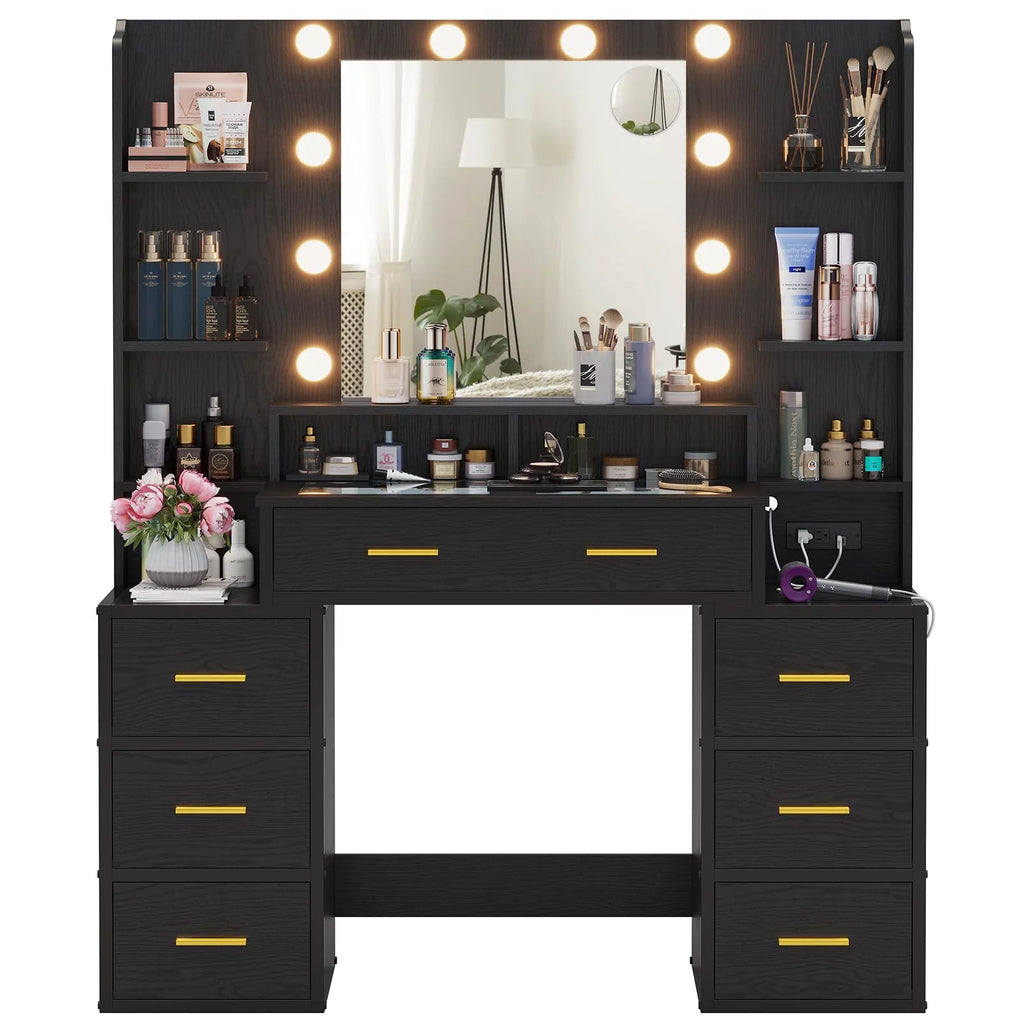 Black Glass Top Vanity Desk with Mirror and Lights P199905