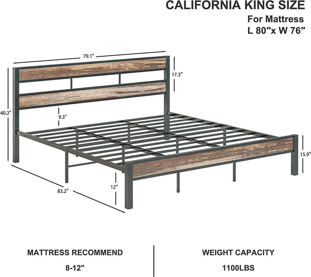 California King Rustic Brown Metal Bed Frame L5257