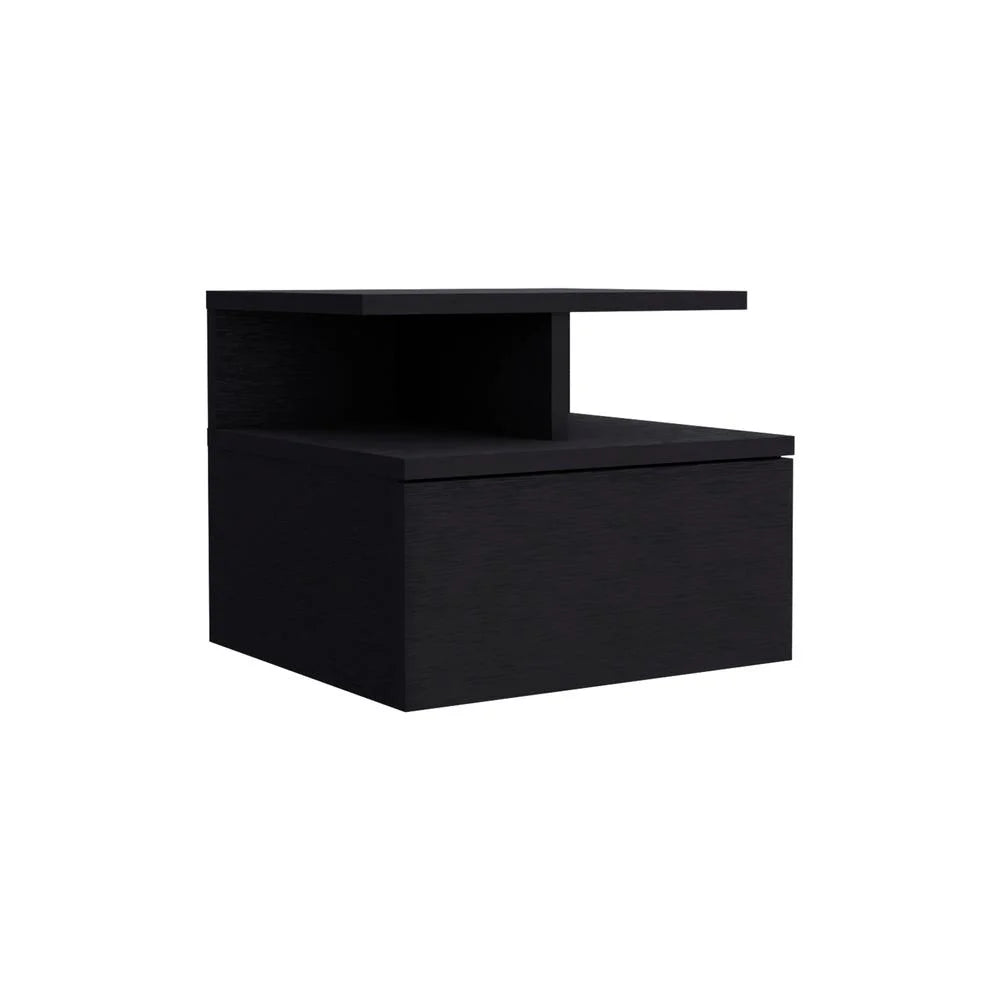 Black Floating Nightstand with Single Drawer and 2-Tier Shelf F104821