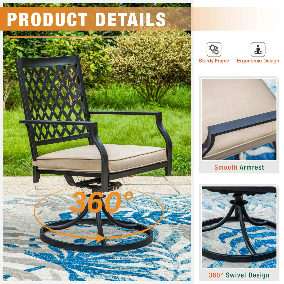 Set of 2 Metal Swivel Outdoor Dining Chairs with Beige Cushions K6448