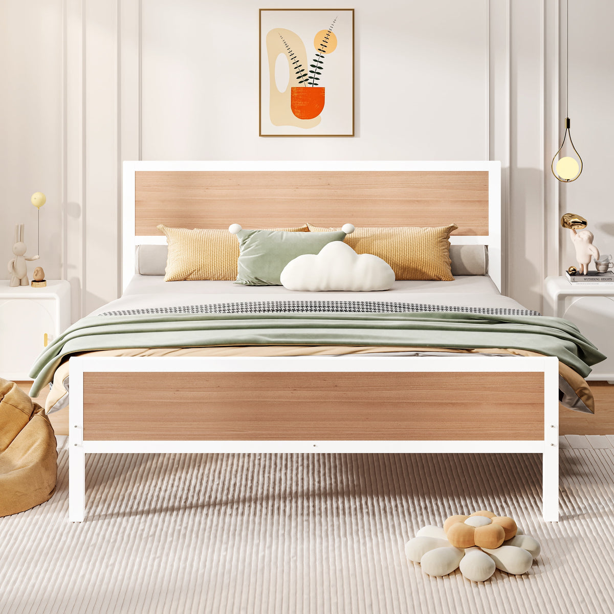White Full Size Metal Platform Bed Frame with Headboard and Footboard N466587