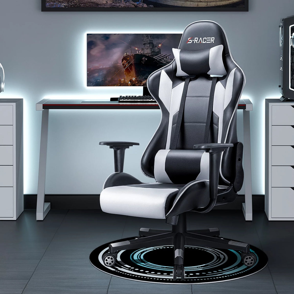 White Ergonomic Leather Gaming Chair with Headrest and Lumbar Support I587