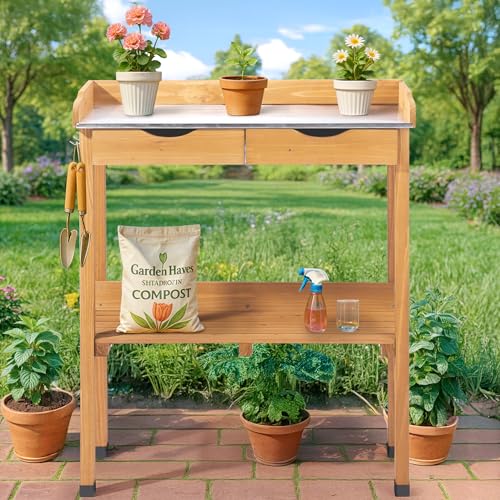 Wooden Potting Bench Table with Metal Tabletop and Open Shelf F978