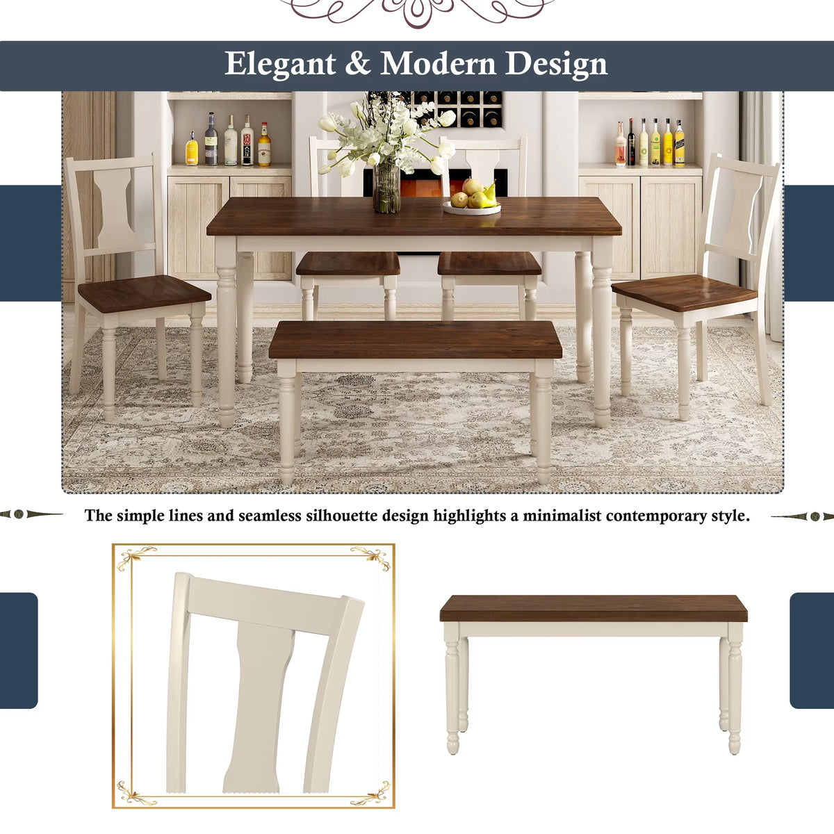 6-Piece Wooden Dining Table and 4 Chairs with Bench G498