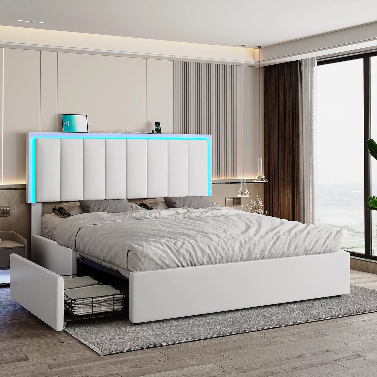 Queen LED Bed Frame with 4 Storage Drawers and USB Ports White J67593