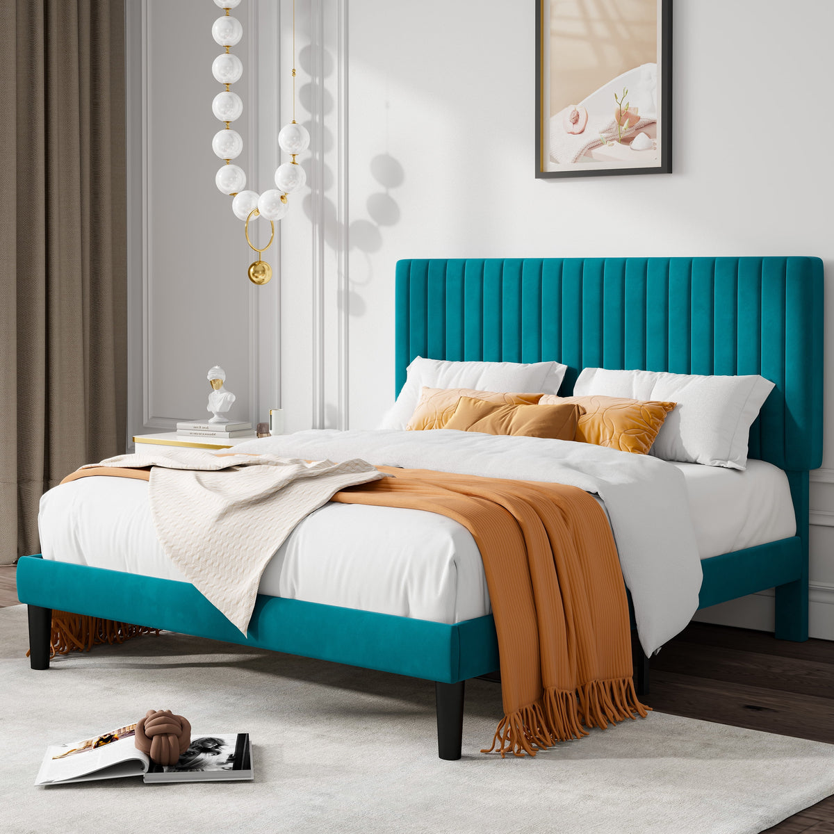 Queen Size Black Velvet Upholstered Platform Bed Frame Y905538