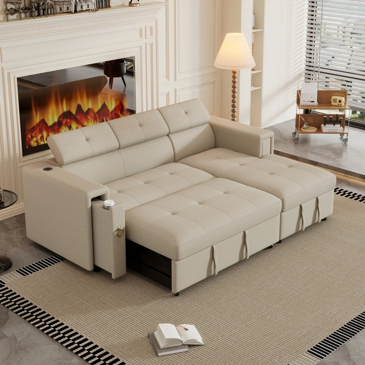 Beige L Shaped Sleeper Sofa with Storage and Cup Holder N389