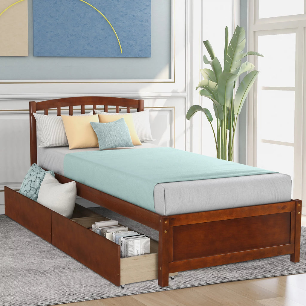 White Wood Twin Size Platform Bed with 2 Drawers F17633