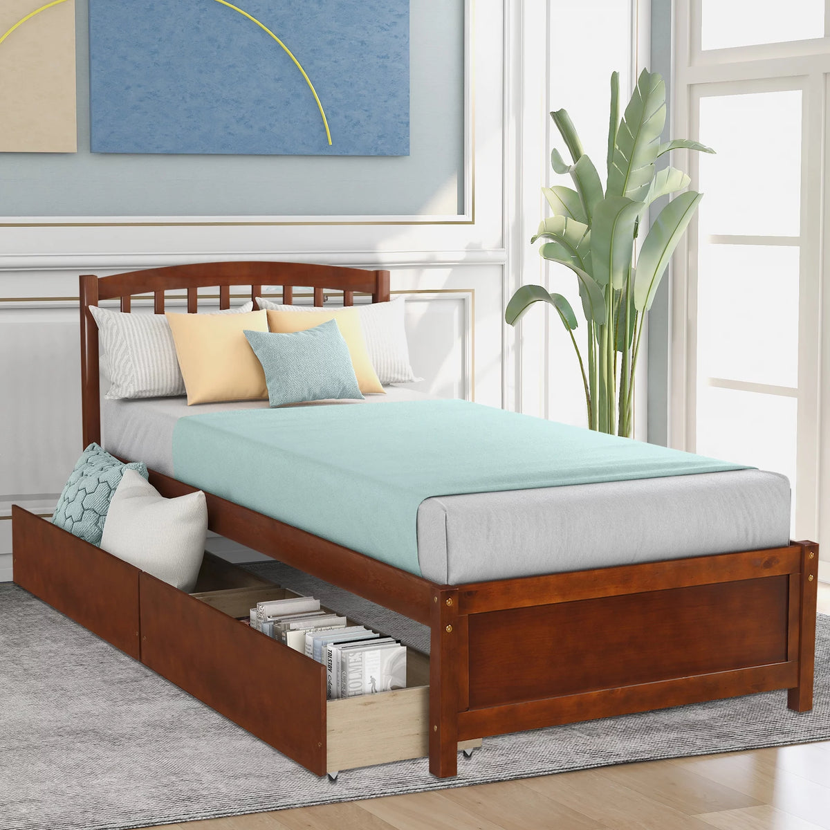 White Wood Twin Size Platform Bed with 2 Drawers F17633