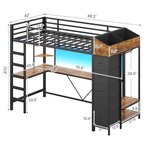 Twin Size Black Metal Loft Bed with Desk and Drawers X52344