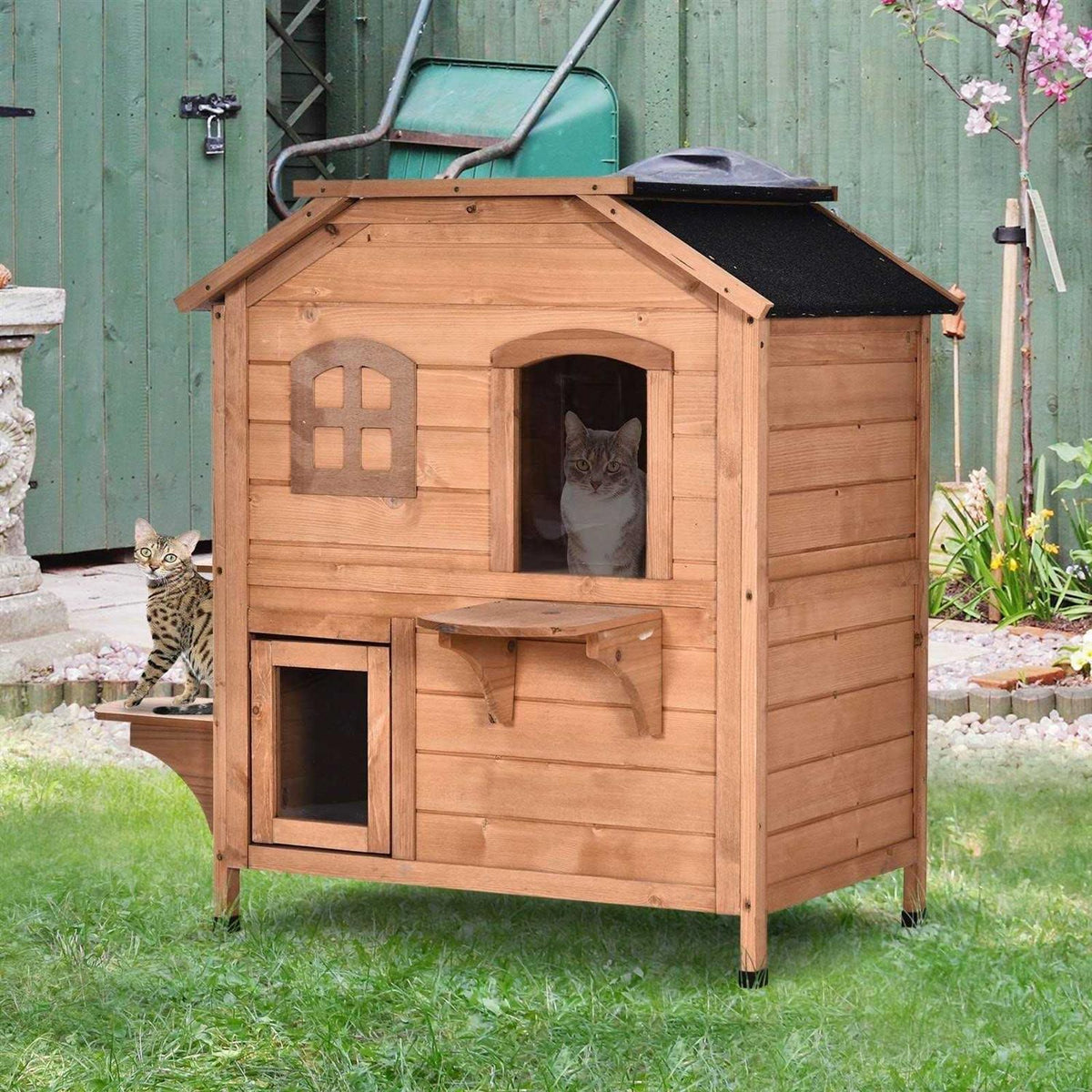 Wooden 2-Story Outdoor Cat House with Escape Door X715
